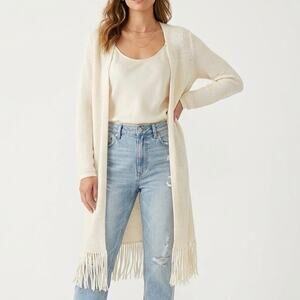 Chico’s Fringe Duster Cardigan Cream Open Knit Boho Layering Sweater Size 2 (L)